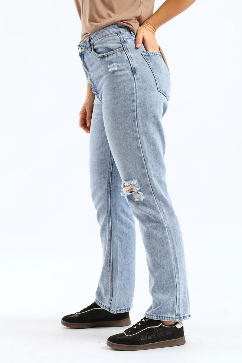 Hi-Rise Ripped Straight Leg Jean - Light Wash