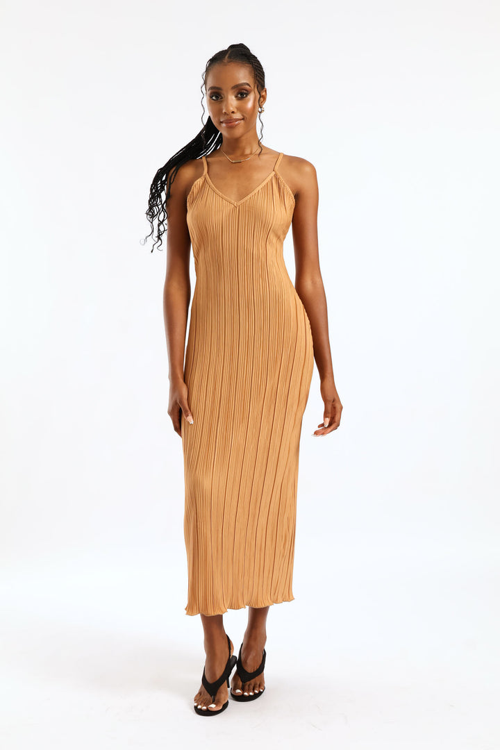 V-Neck Plisse Maxi Slip Dress - Champagne