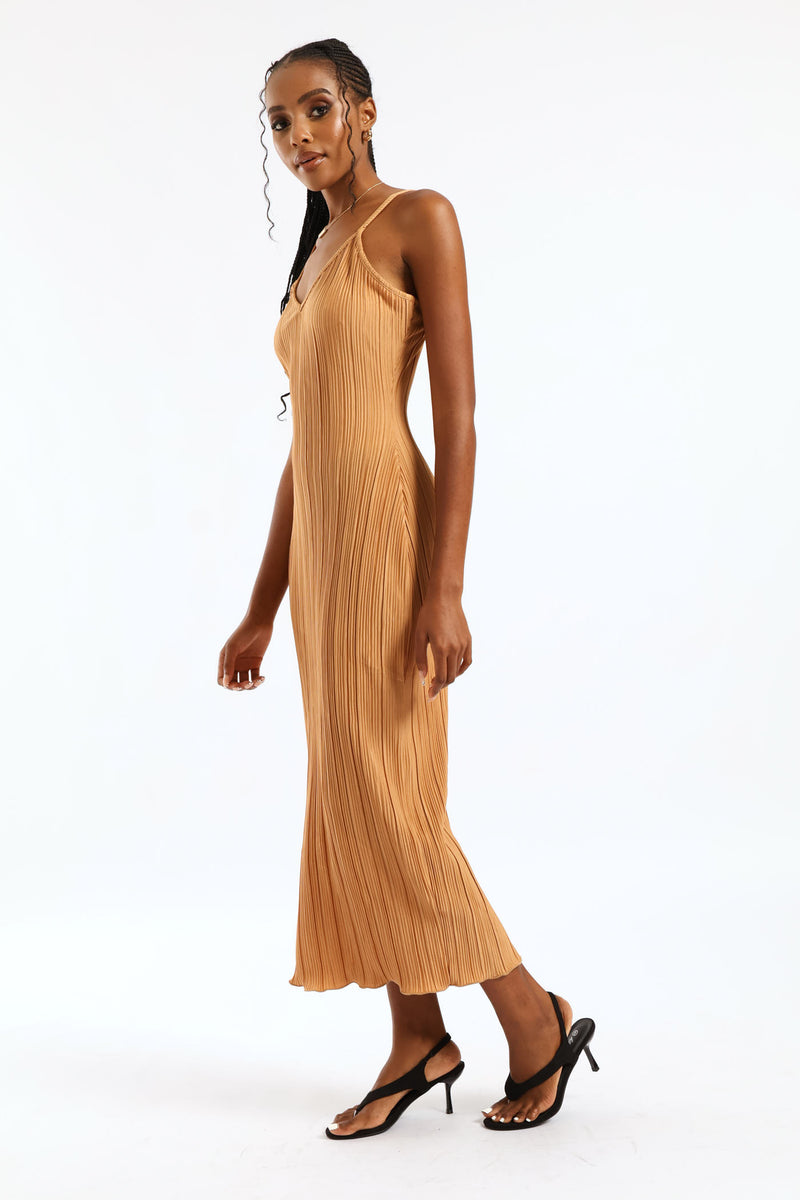 V-Neck Plisse Maxi Slip Dress - Champagne