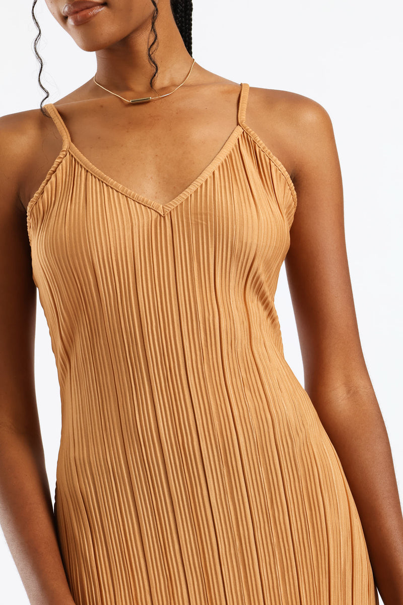 V-Neck Plisse Maxi Slip Dress - Champagne