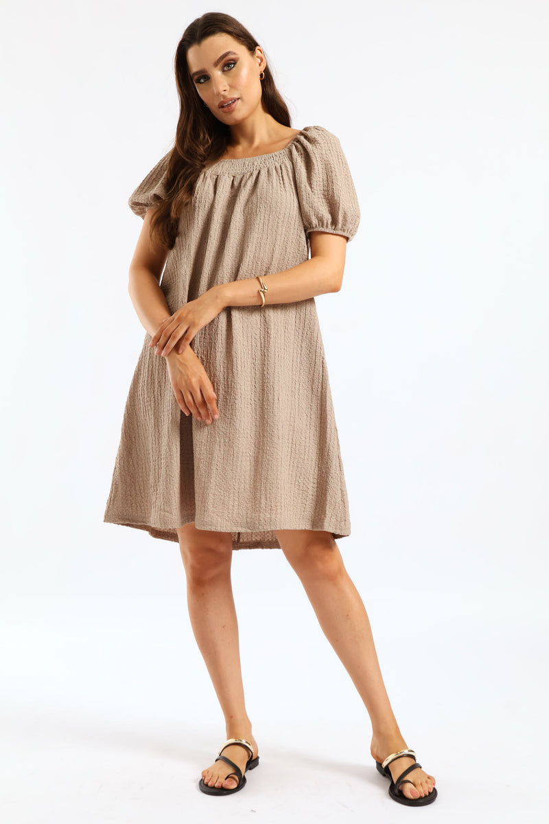 Puff Sleeve Textured Flare Mini Dress - Cement