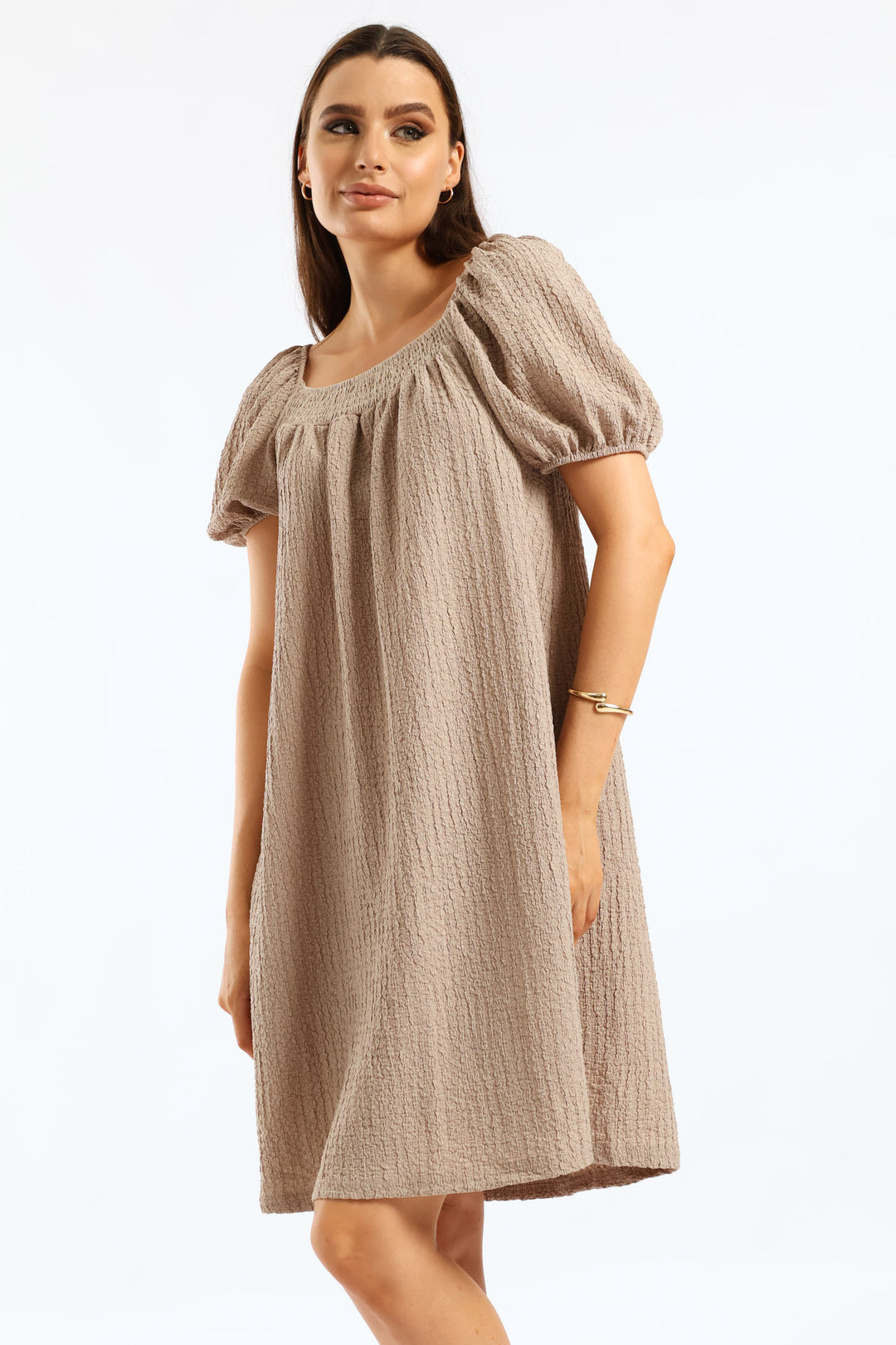 Puff Sleeve Textured Flare Mini Dress - Cement