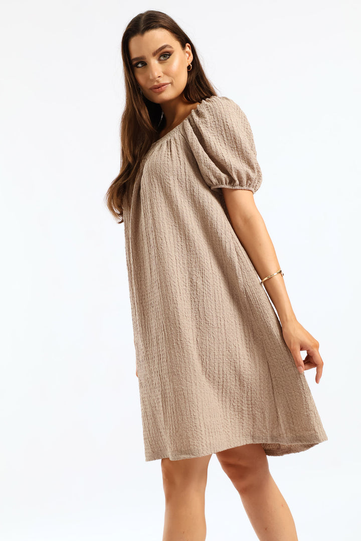 Puff Sleeve Textured Flare Mini Dress - Cement