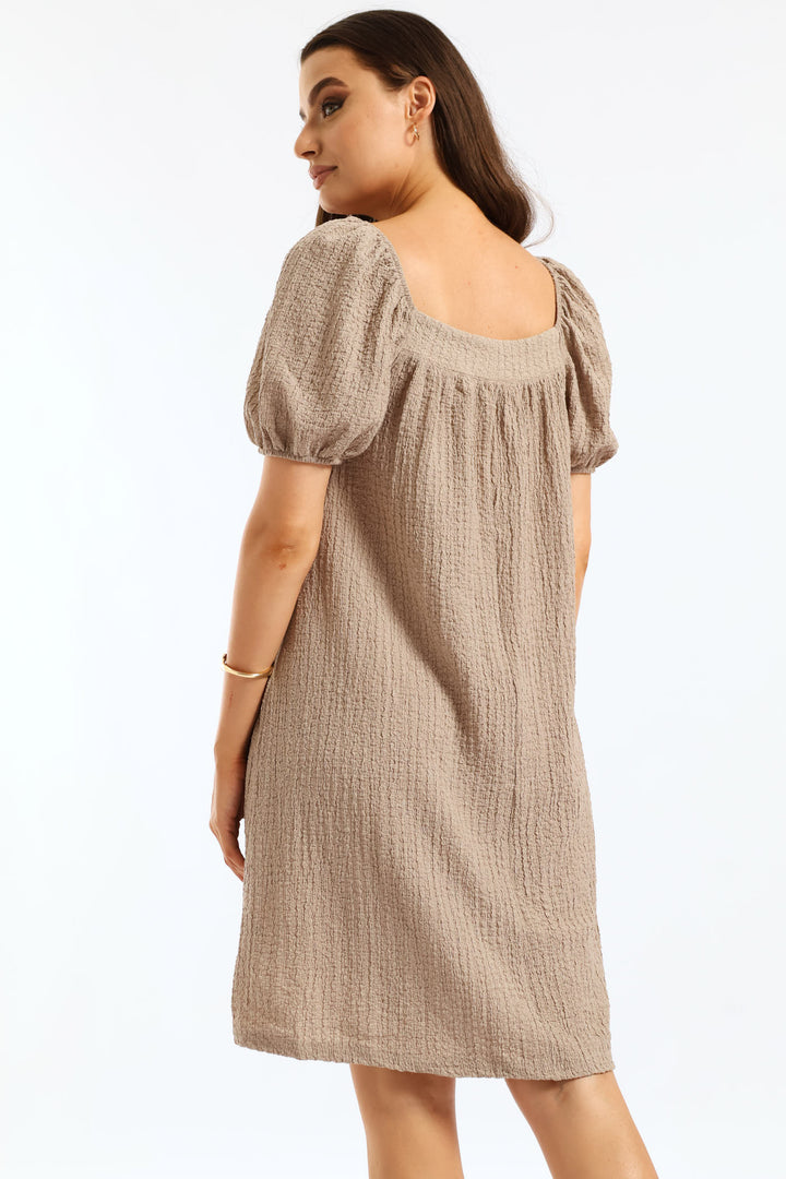 Puff Sleeve Textured Flare Mini Dress - Cement