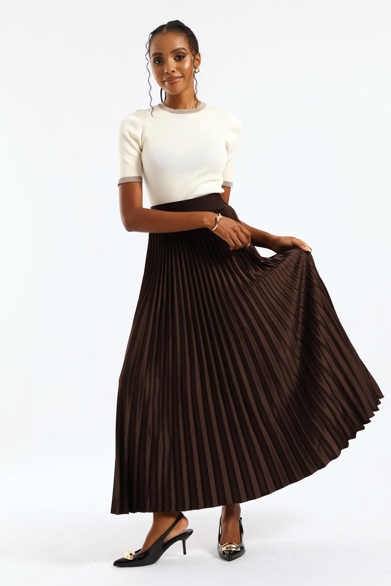 Pleated Satin Maxi Skirt - Bitter Chocolate