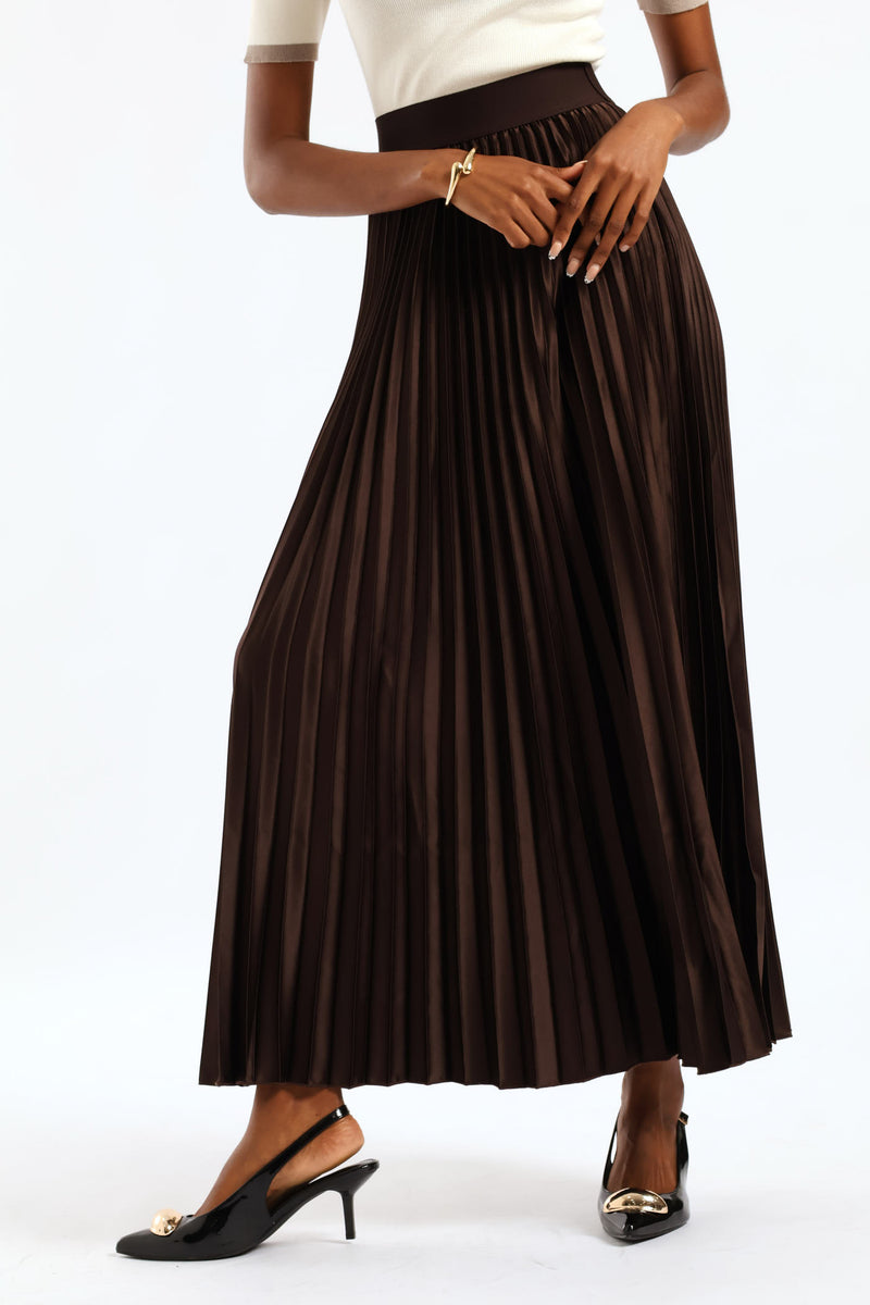 Pleated Satin Maxi Skirt - Bitter Chocolate