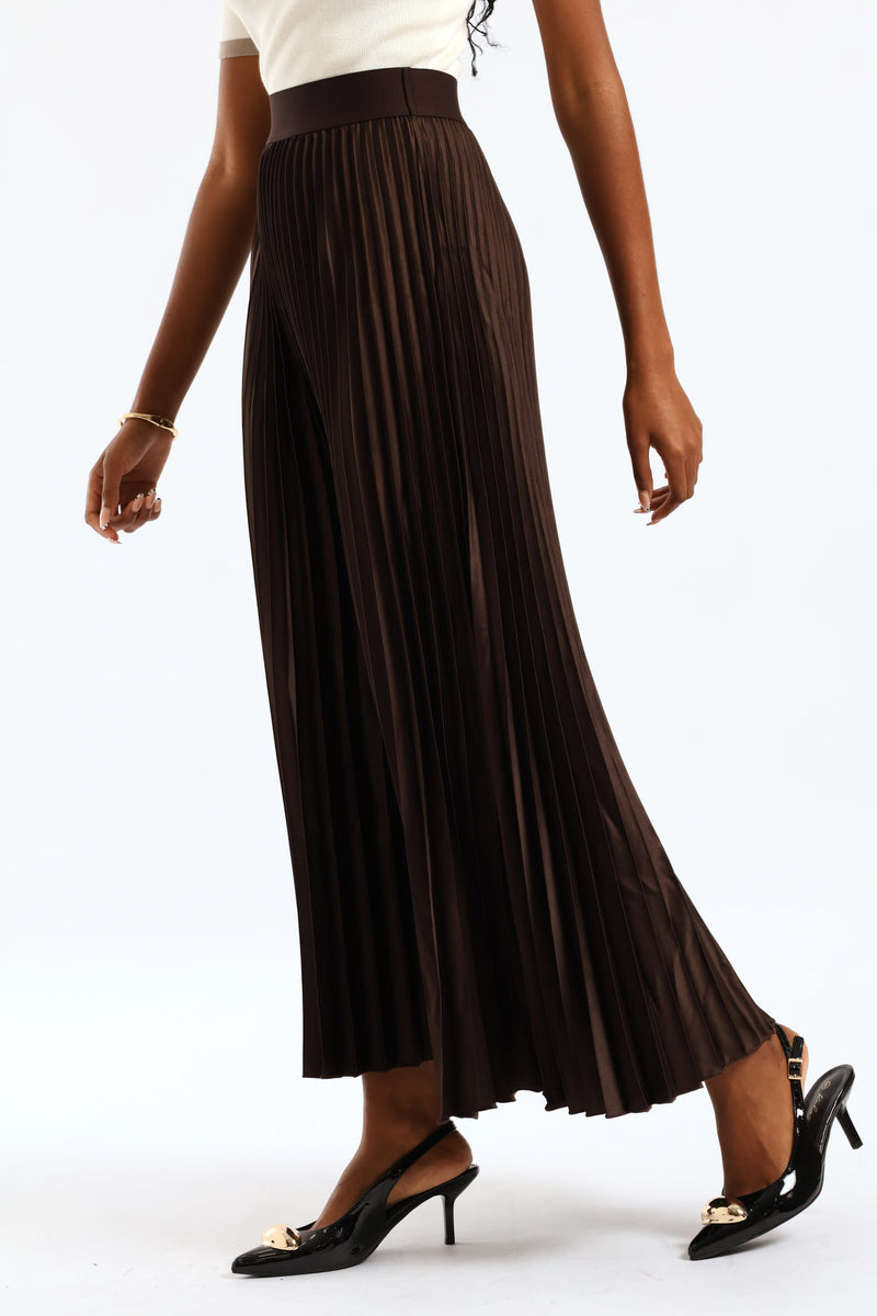 Pleated Satin Maxi Skirt - Bitter Chocolate