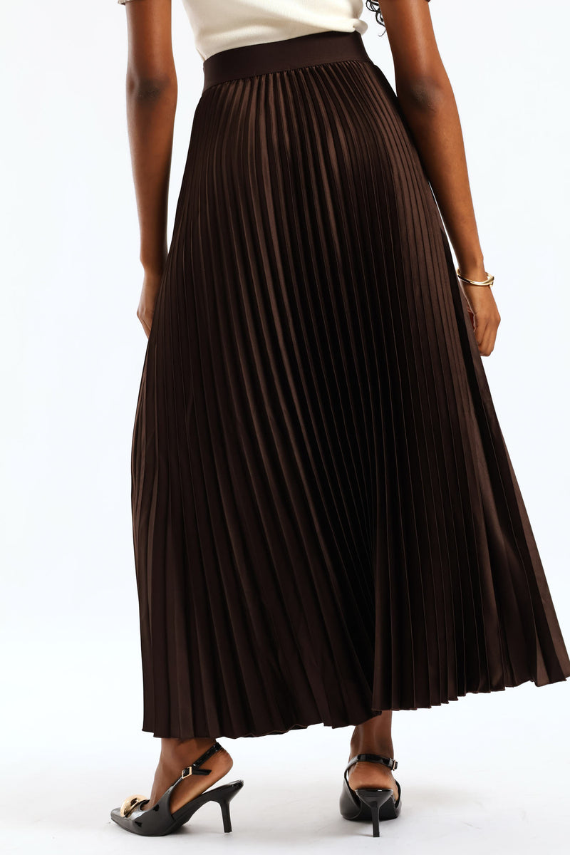 Pleated Satin Maxi Skirt - Bitter Chocolate
