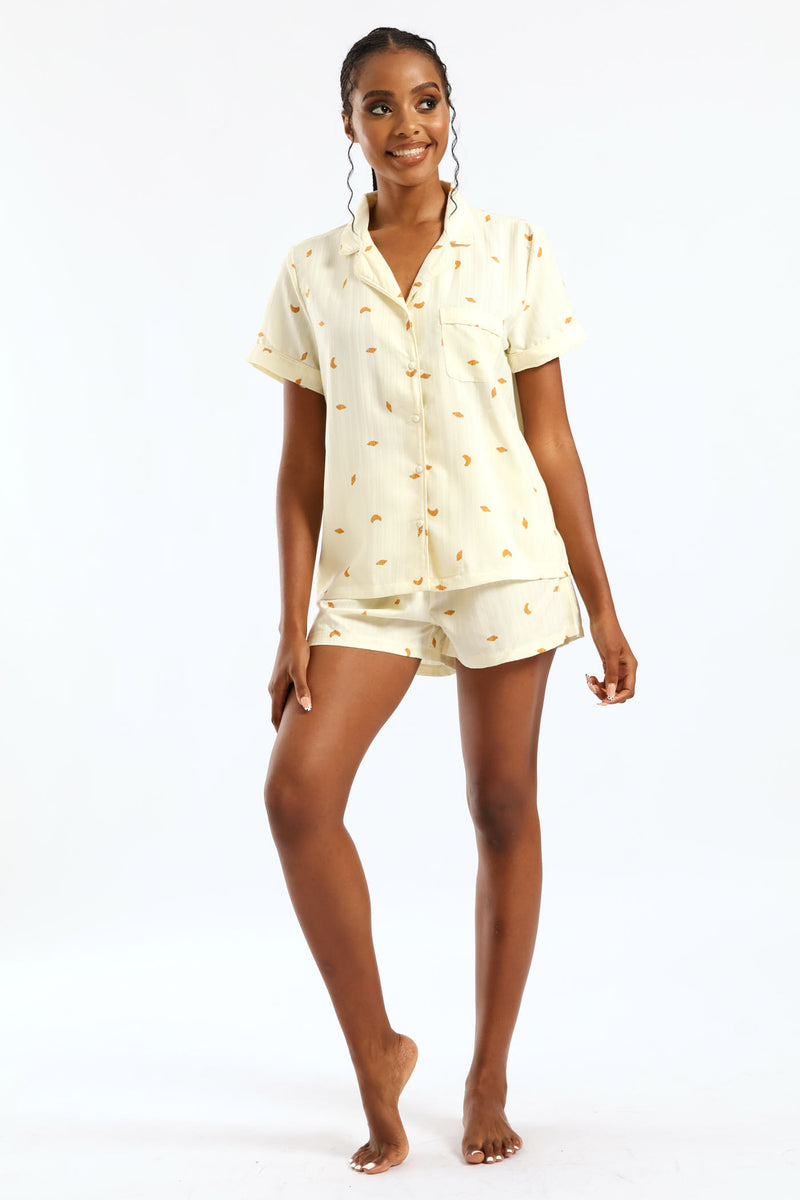 Croissant Print Short Sleeve Button Through & Woven Short Set - Yellow