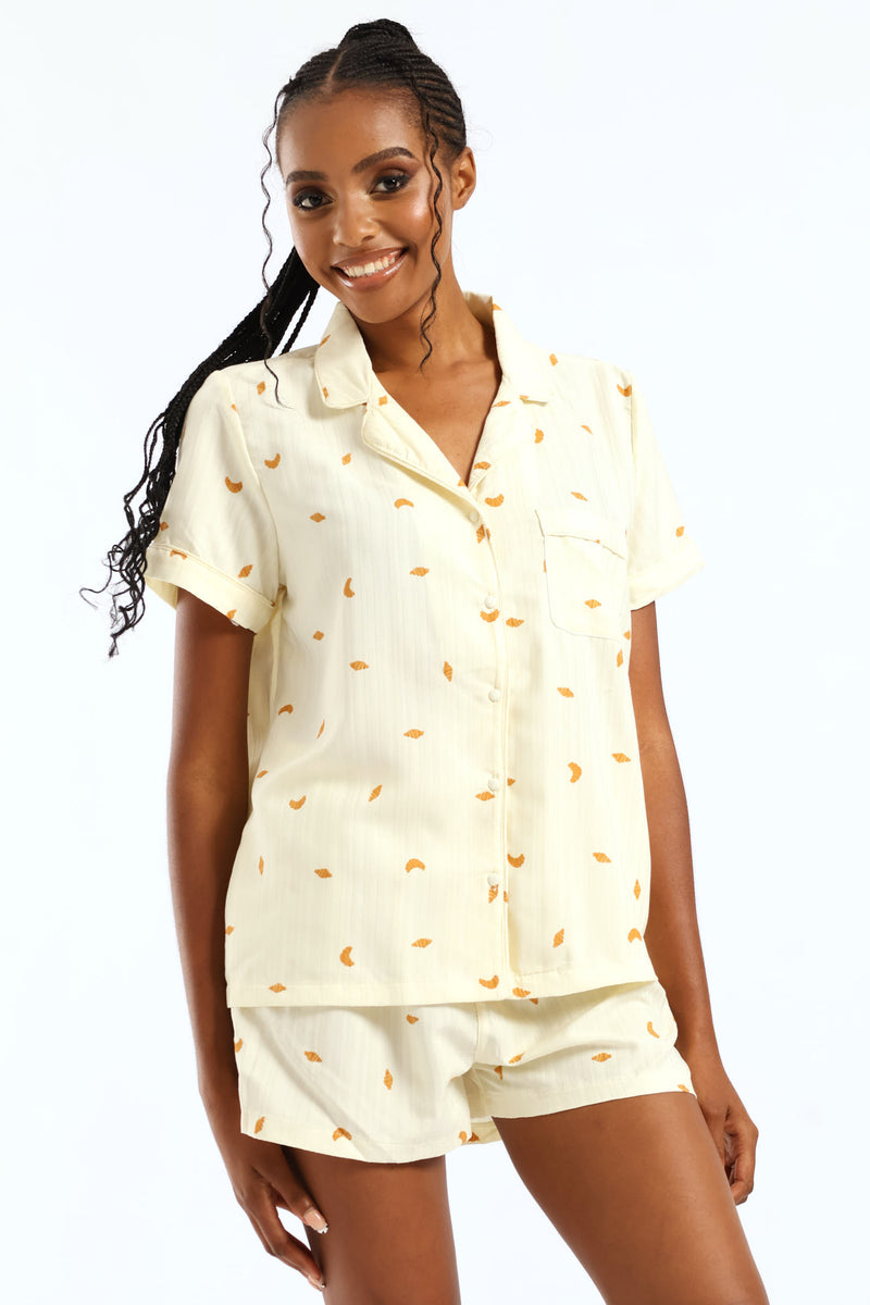 Croissant Print Short Sleeve Button Through & Woven Short Set - Yellow