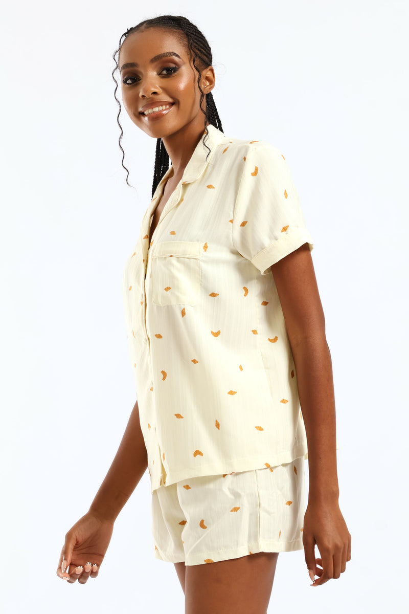 Croissant Print Short Sleeve Button Through & Woven Short Set - Yellow