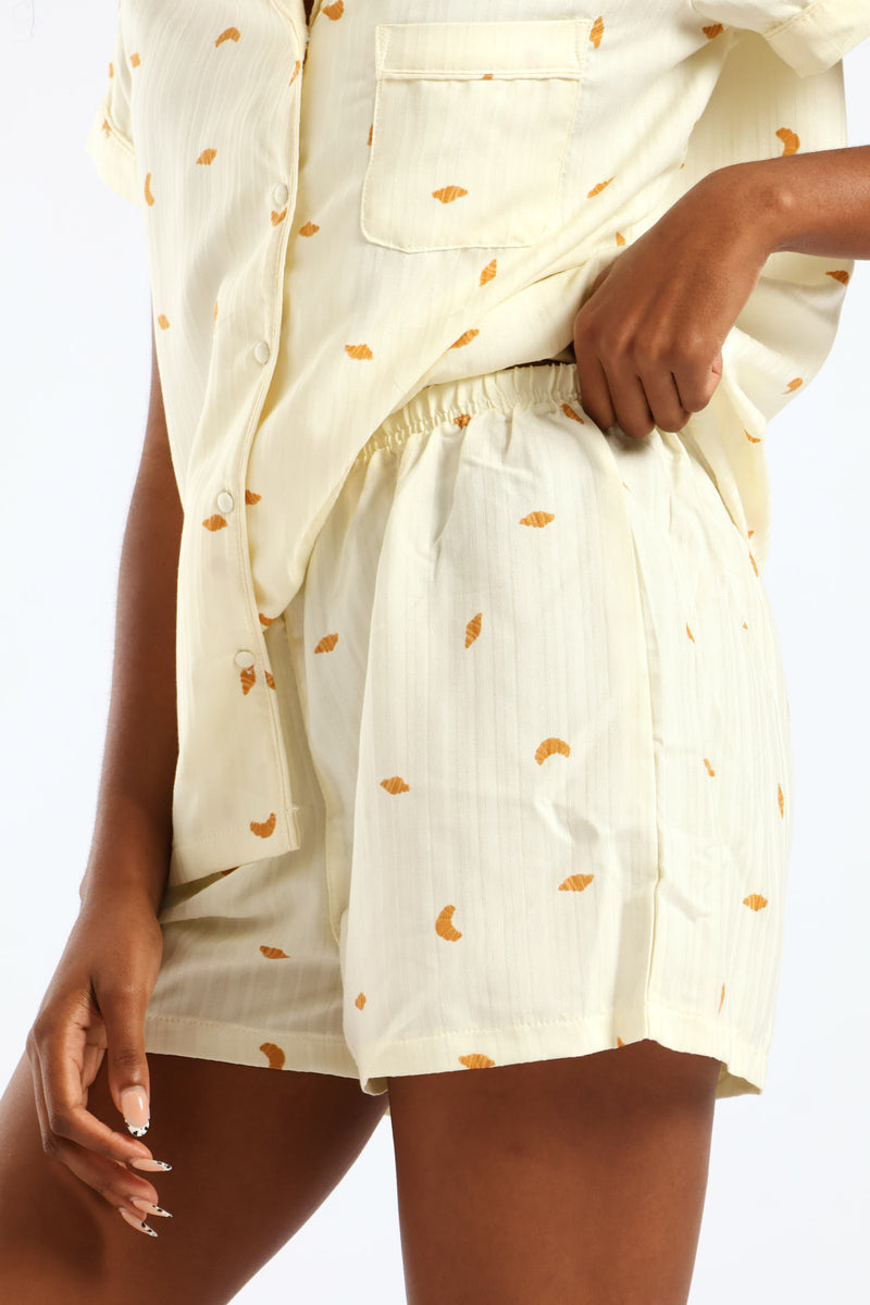 Croissant Print Short Sleeve Button Through & Woven Short Set - Yellow