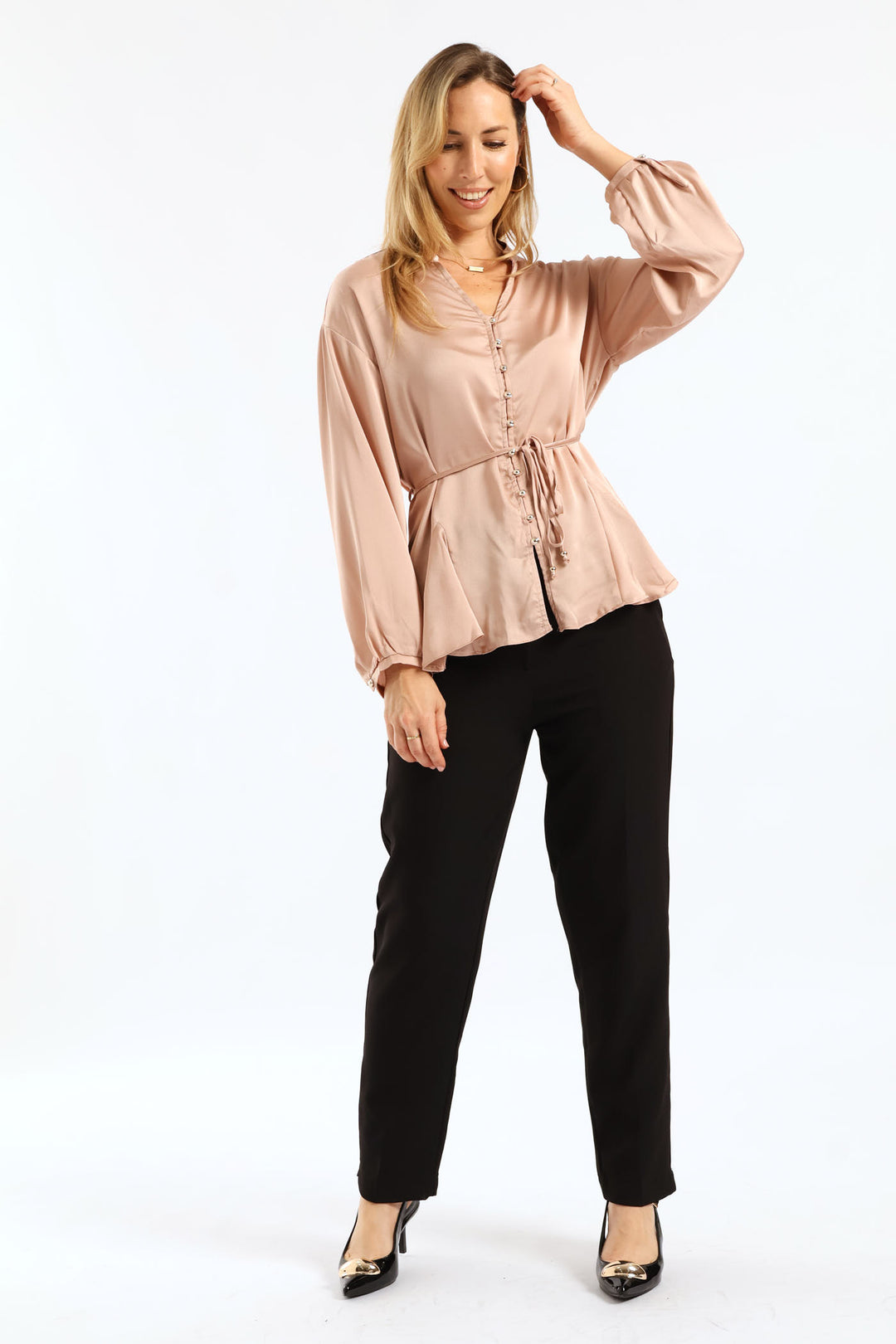 V-Neck Belted Blouse - Pink