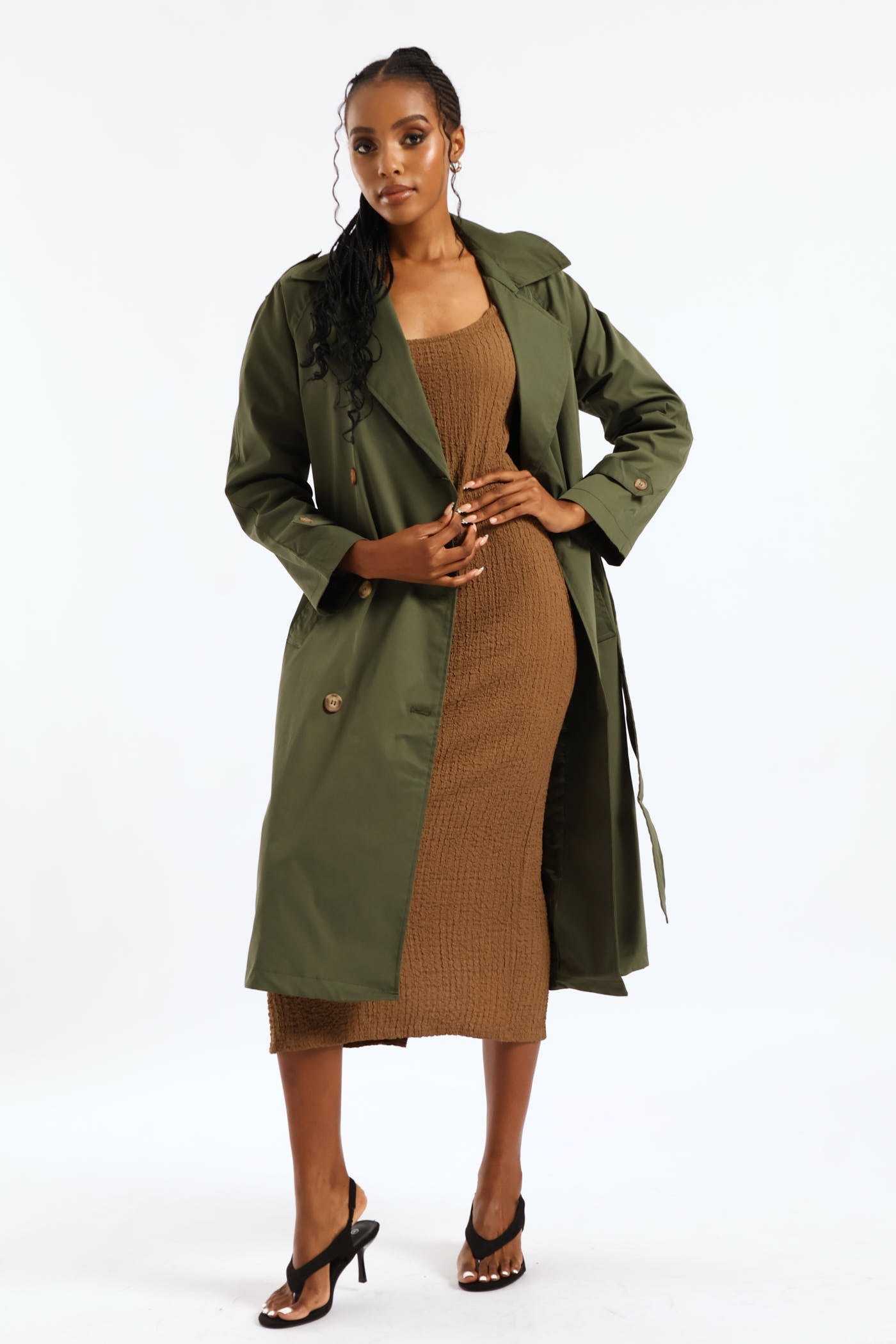 Ladies Epaulette & Button Detail Classic Trench Coat - Dark