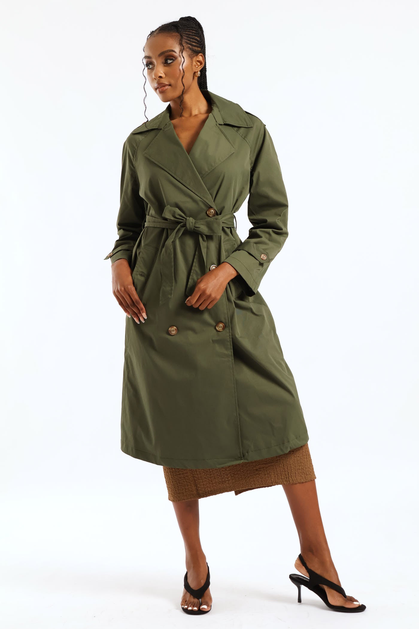 Ladies Epaulette & Button Detail Classic Trench Coat - Dark