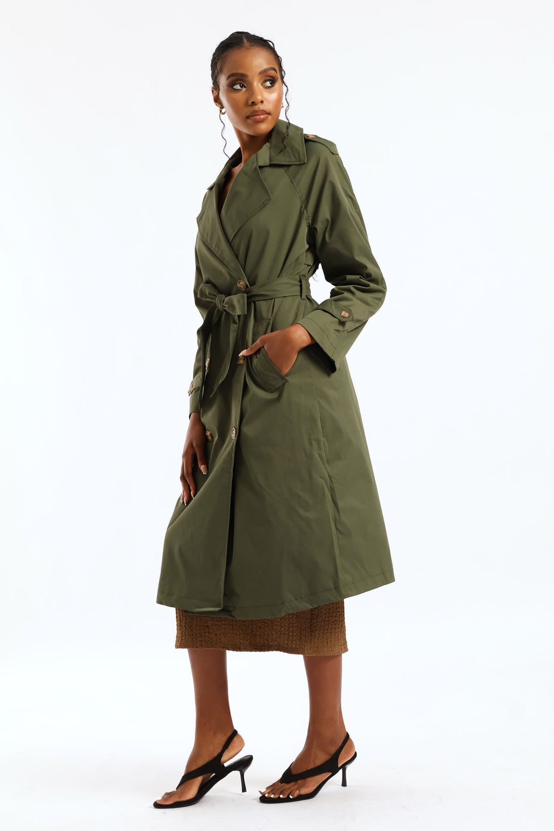 Epaulette & Button Detail Classic Trench Coat - Dark Fatigue