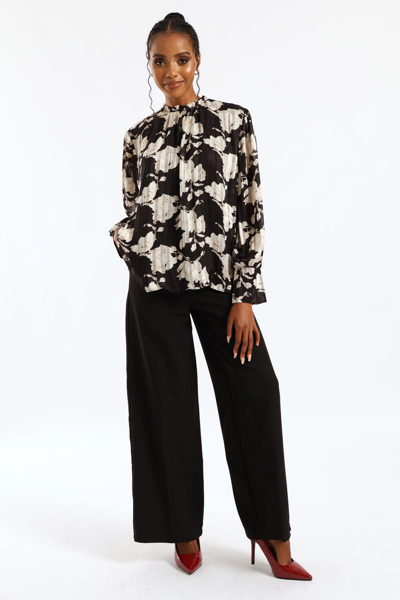 Frill Neck Monochrome Floral Blouse - Black/Cream