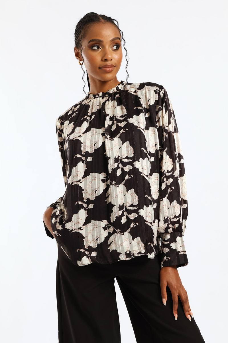 Frill Neck Monochrome Floral Blouse - Black/Cream