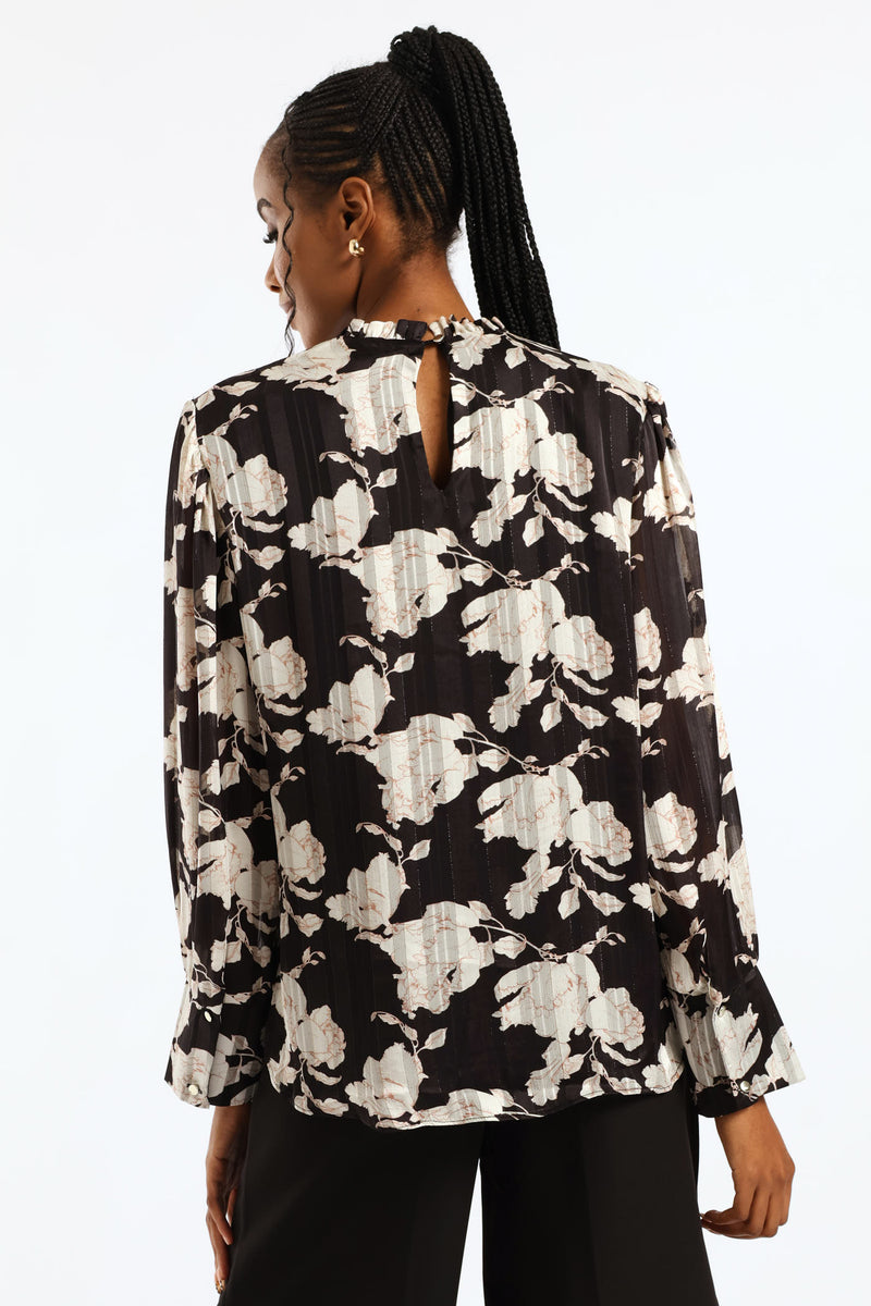 Frill Neck Monochrome Floral Blouse - Black/Cream