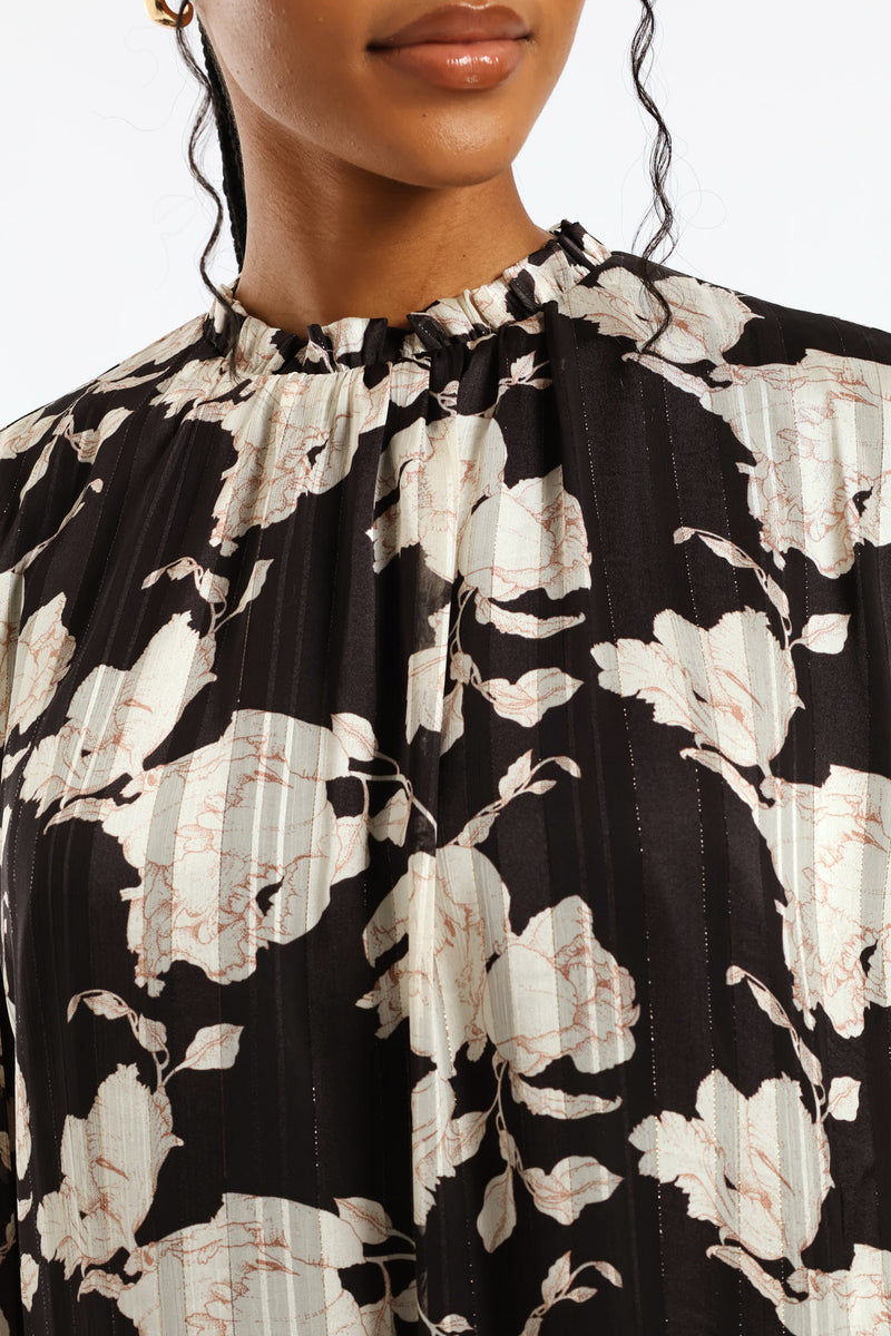 Frill Neck Monochrome Floral Blouse - Black/Cream