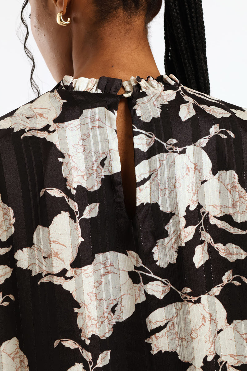 Frill Neck Monochrome Floral Blouse - Black/Cream