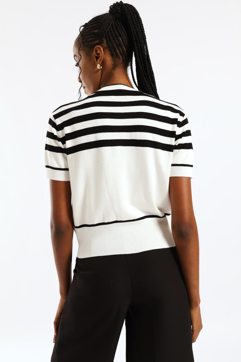 Wide Stripe Colour Blocked Cardi - Black/White