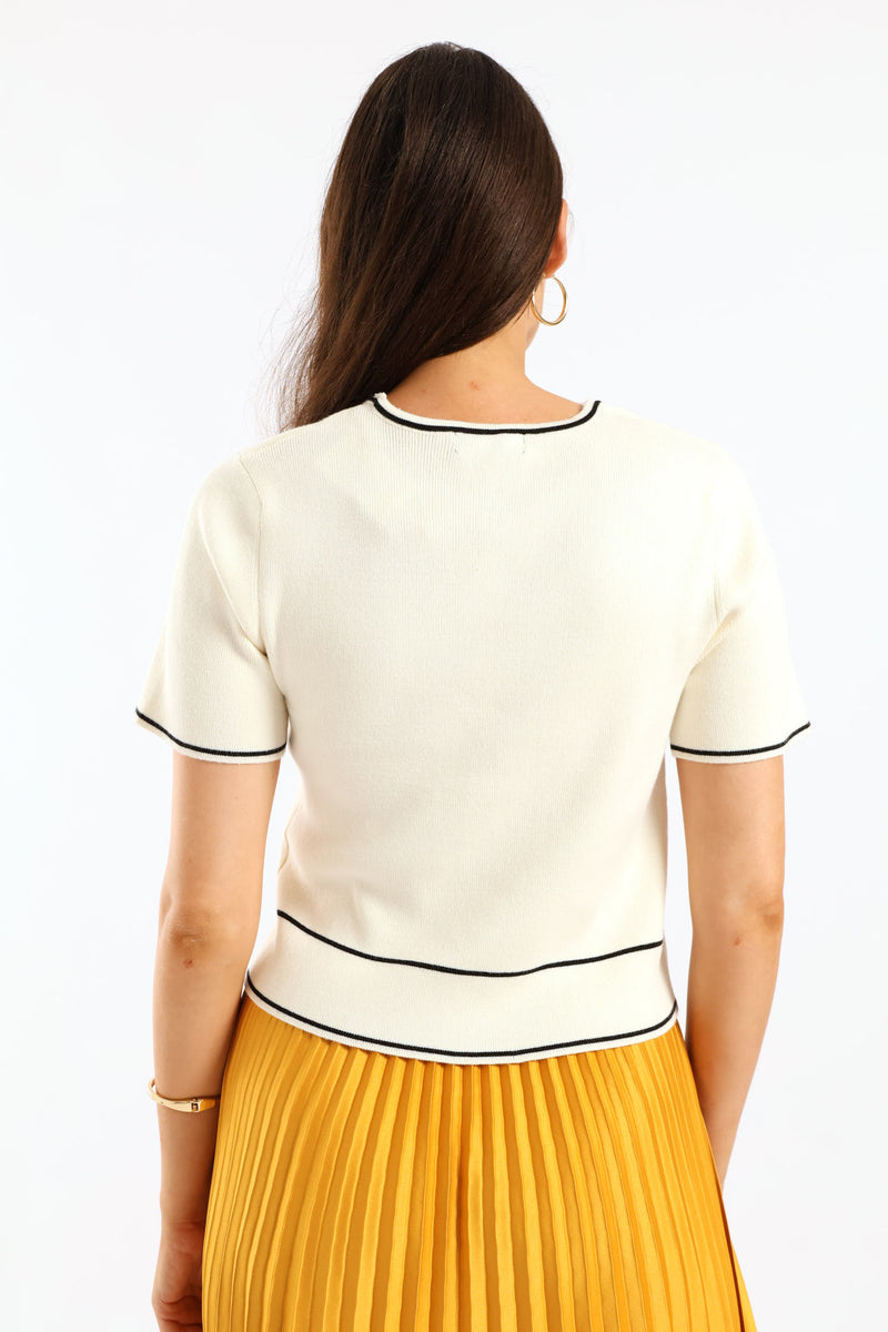 Pocket Tipped Cardi Top - White/Black