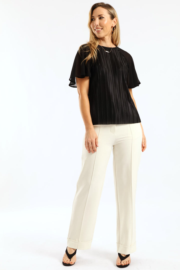 Flutter Sleeve Pleated Satin Blouse - Black