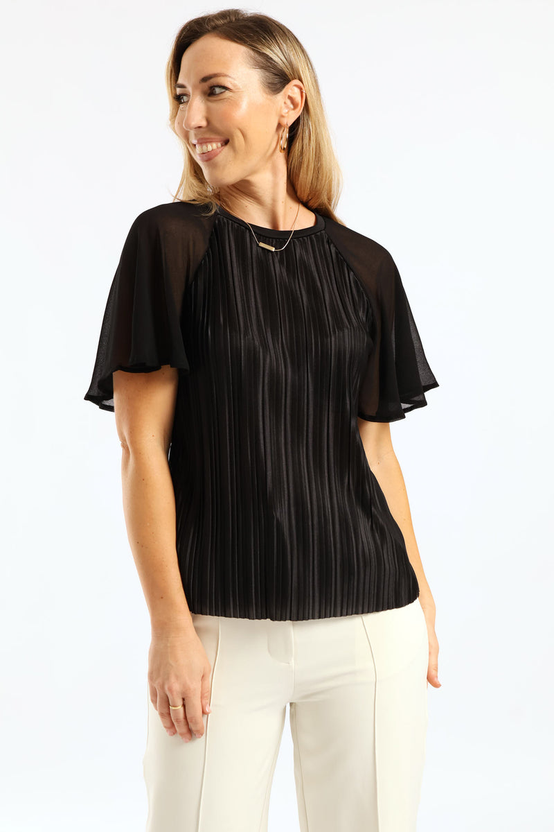Flutter Sleeve Pleated Satin Blouse - Black