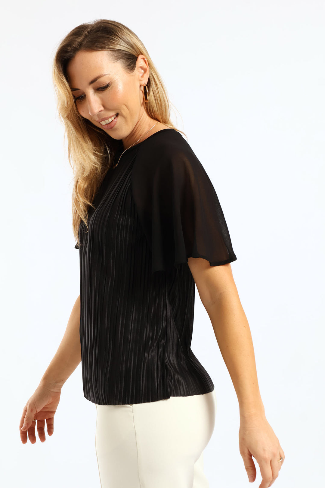 Flutter Sleeve Pleated Satin Blouse - Black