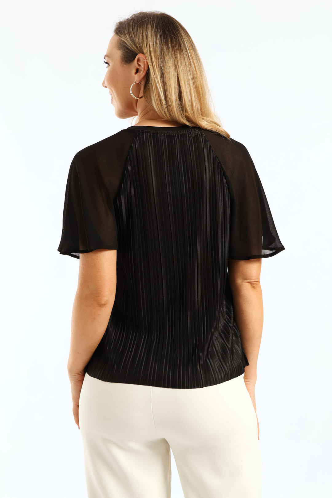 Flutter Sleeve Pleated Satin Blouse - Black