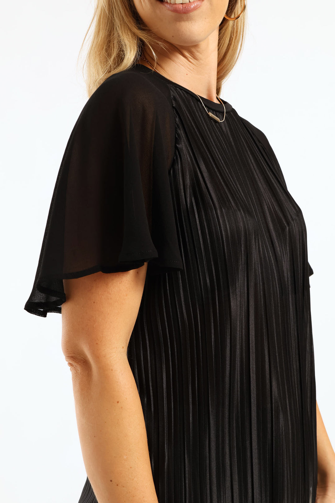 Flutter Sleeve Pleated Satin Blouse - Black