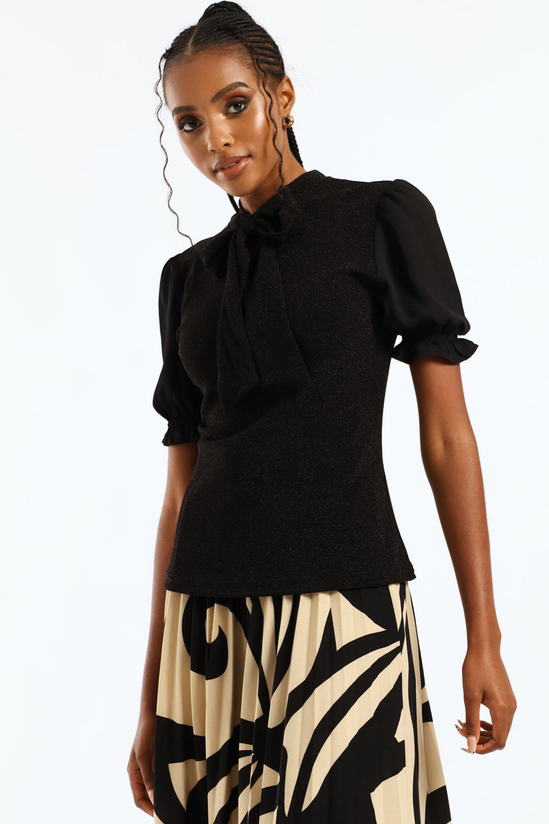 Kitty Bow Shimmer Combo Blouse - Black