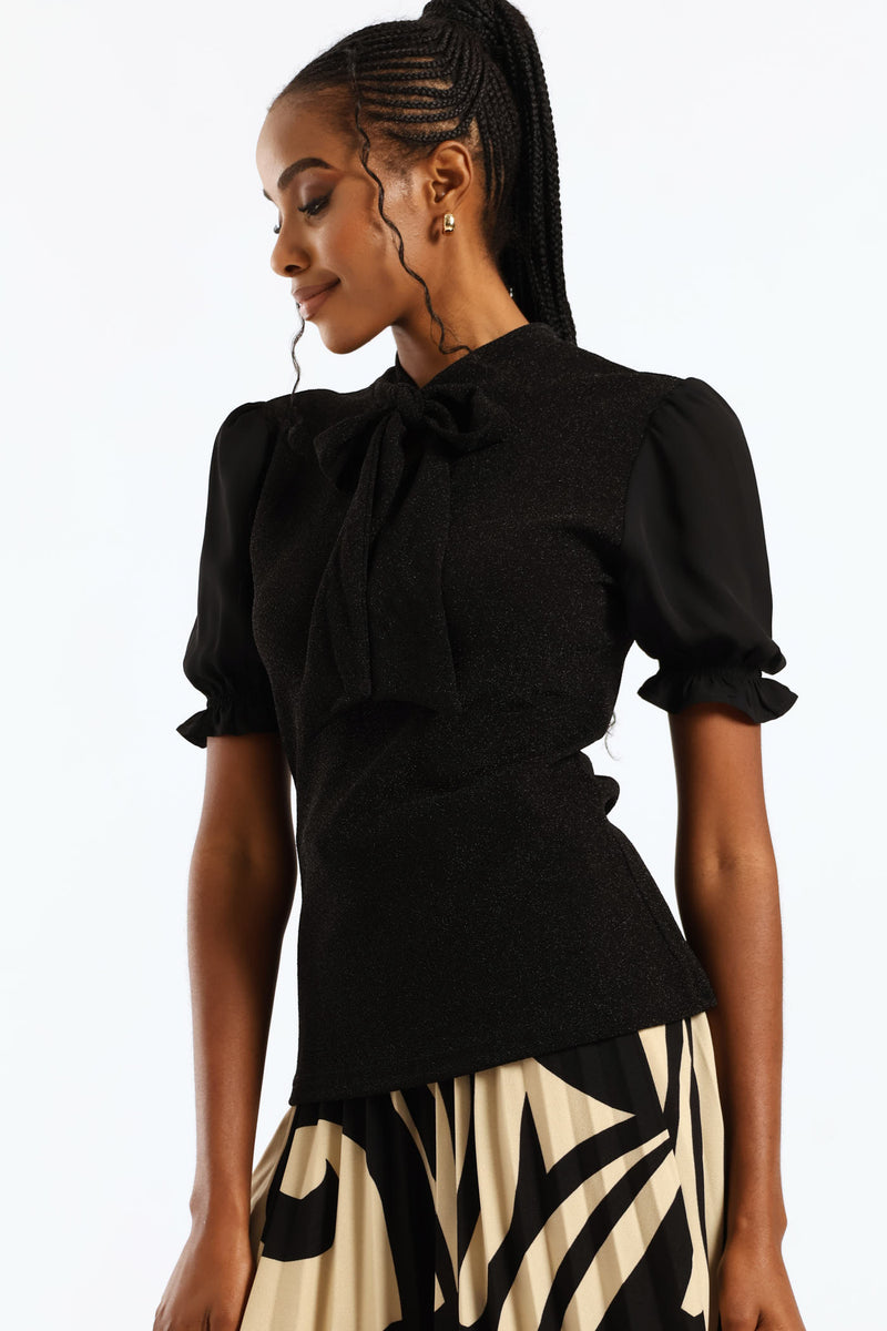 Kitty Bow Shimmer Combo Blouse - Black