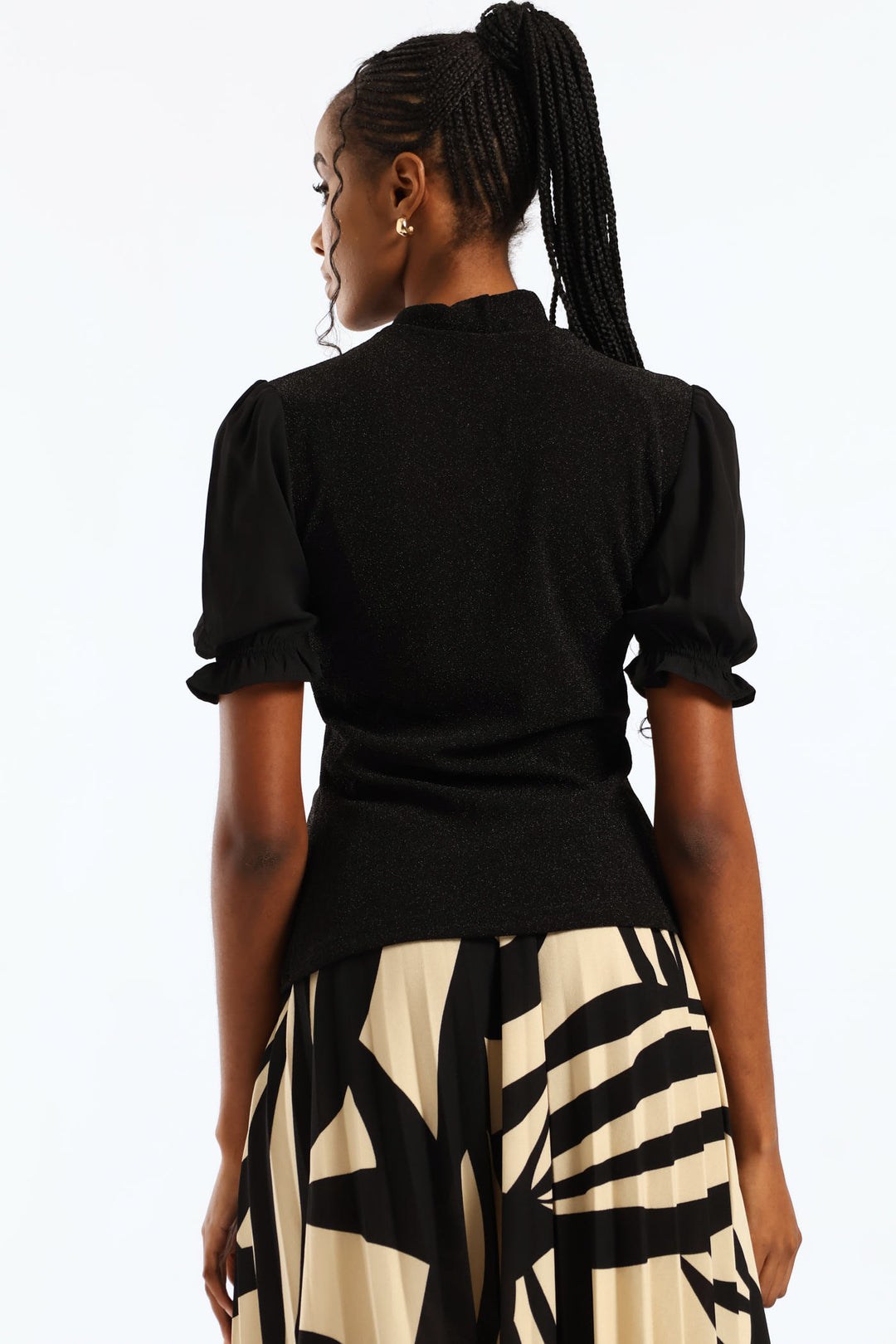 Kitty Bow Shimmer Combo Blouse - Black