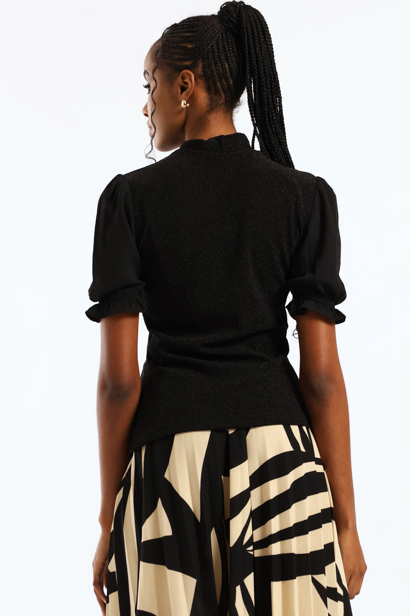 Kitty Bow Shimmer Combo Blouse - Black