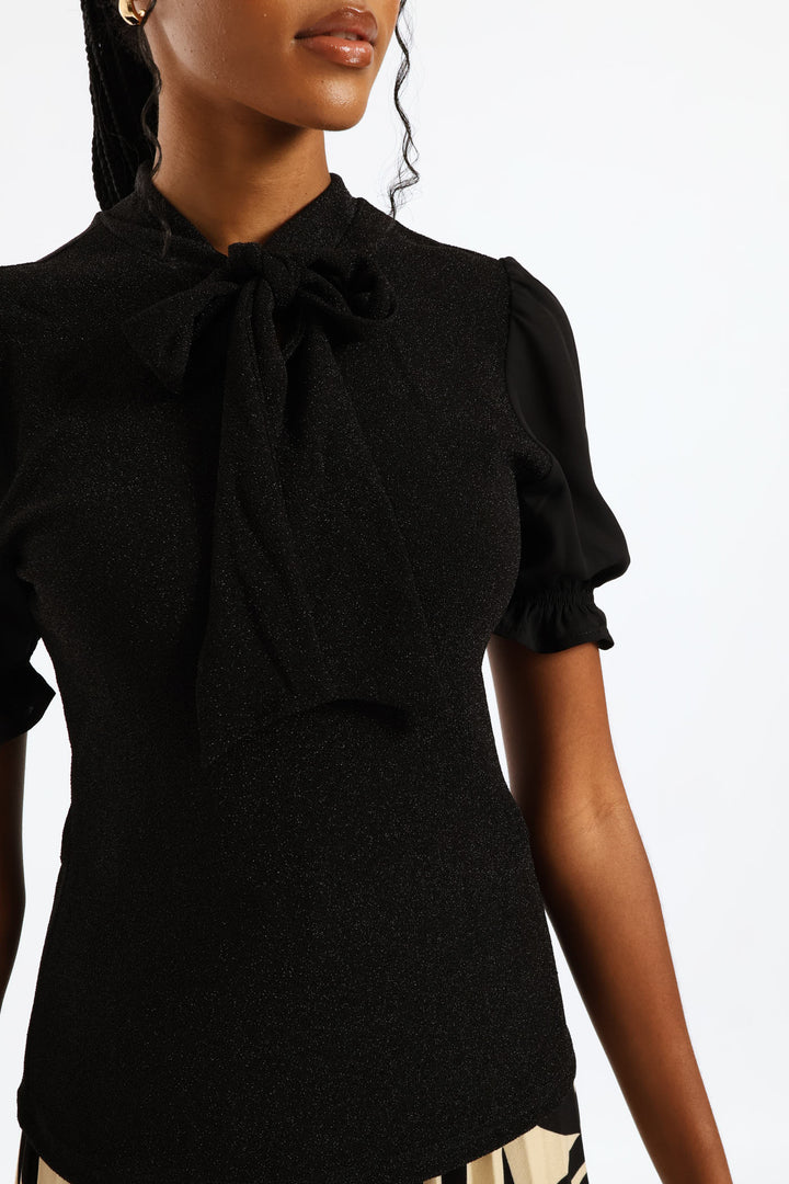 Kitty Bow Shimmer Combo Blouse - Black