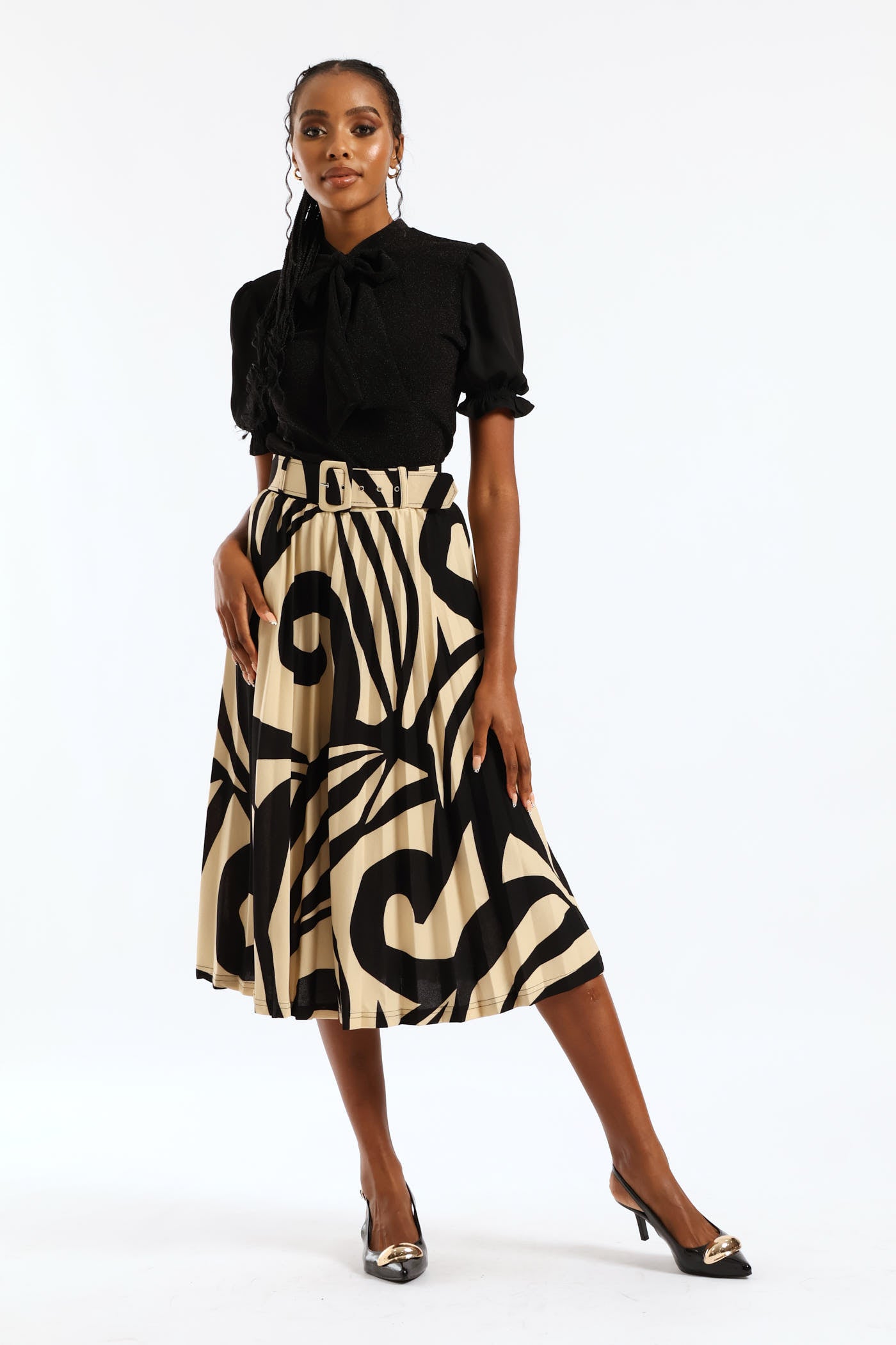 Ladies Pleated Swirl Midi Skirt - Black/Cream – Edgars