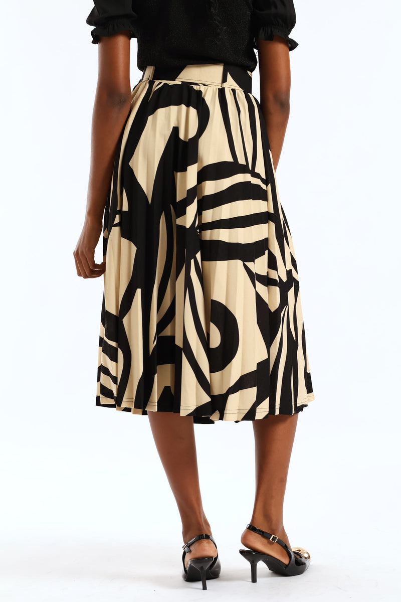 Pleated Swirl Midi Skirt - Black/Cream