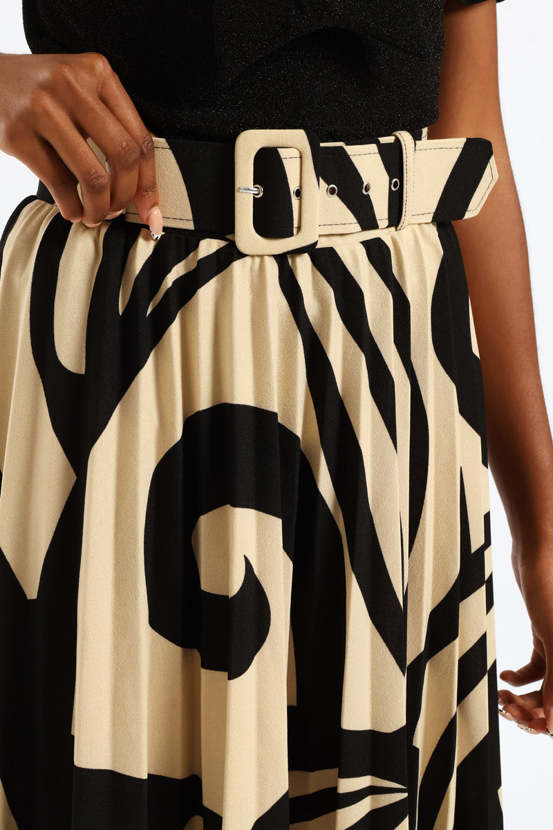 Pleated Swirl Midi Skirt - Black/Cream