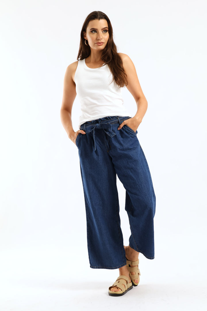 Self Belted Paperbag Straight Leg Denim - Medium Wash