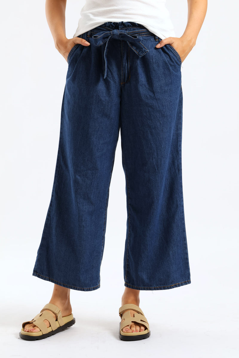 Self Belted Paperbag Straight Leg Denim - Medium Wash