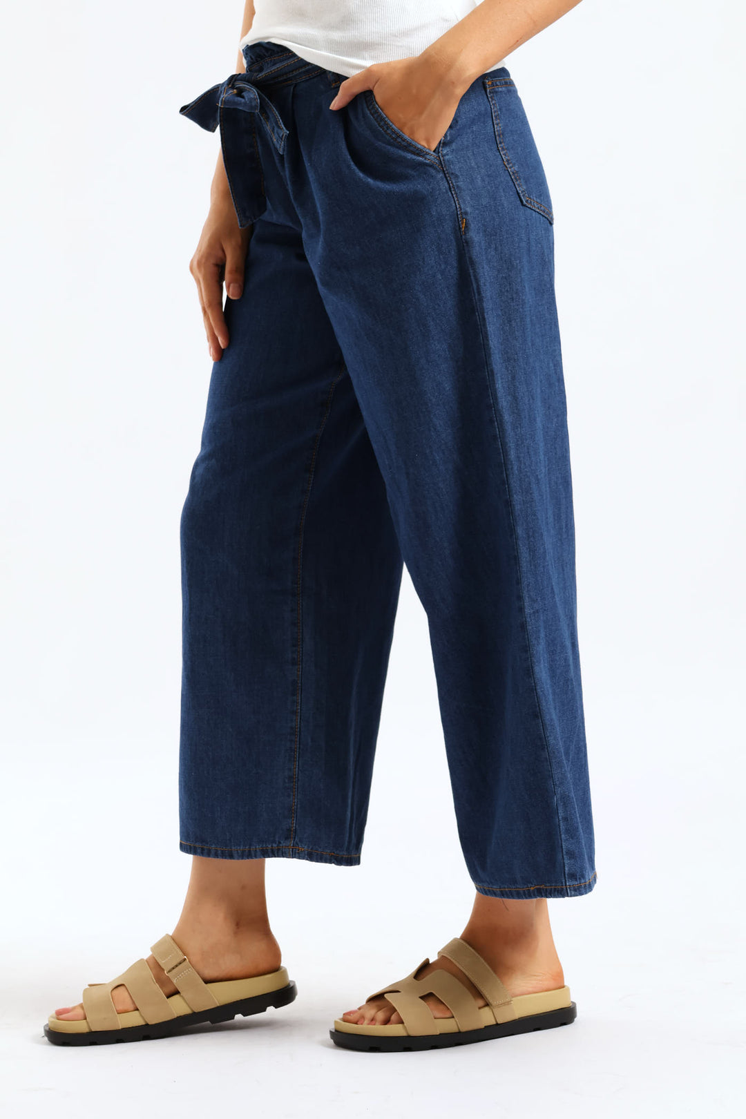 Self Belted Paperbag Straight Leg Denim - Medium Wash