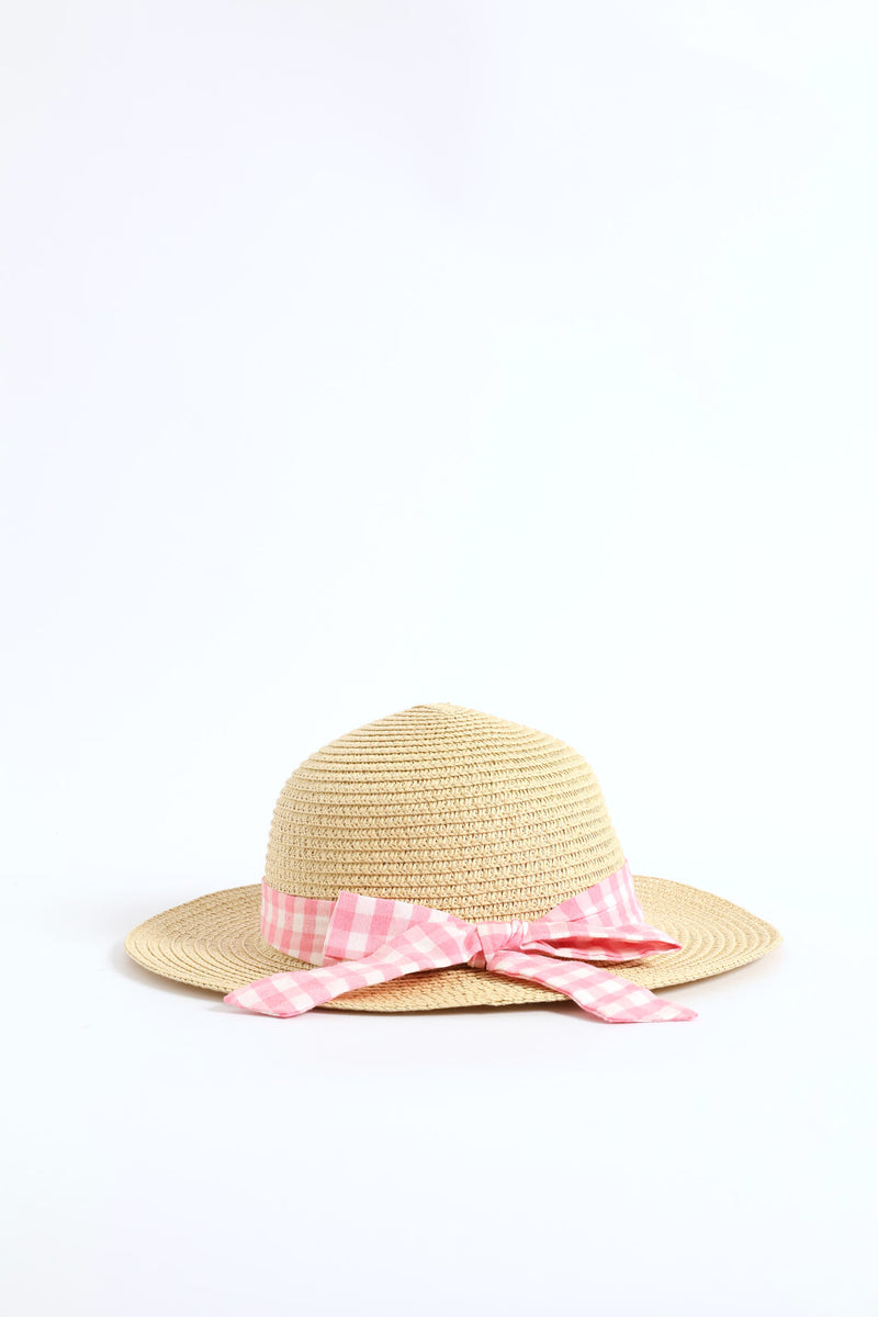 Baby Girls Gingham Bow Straw Hat - Tan
