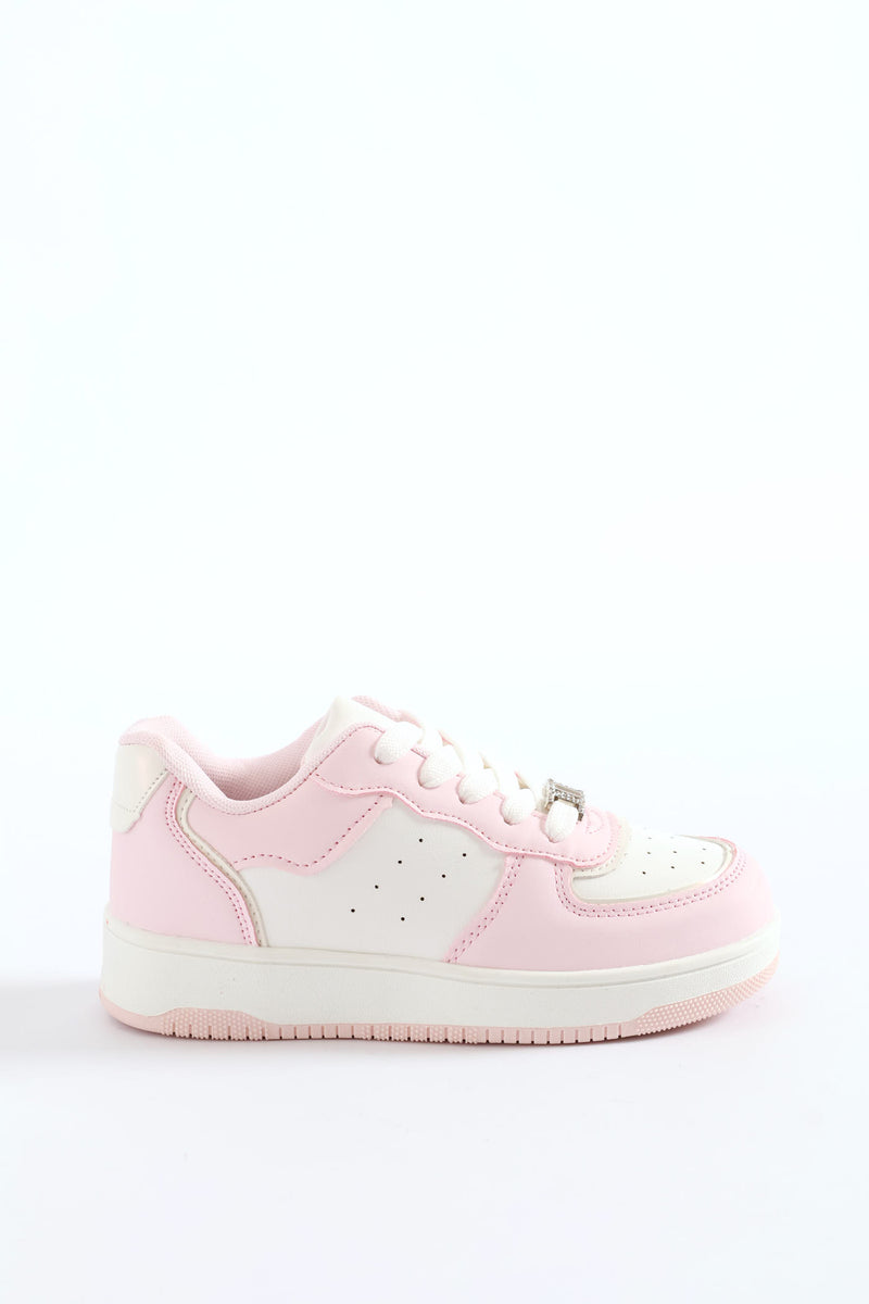 Girls Jewelled Court Sneaker - Pink/White