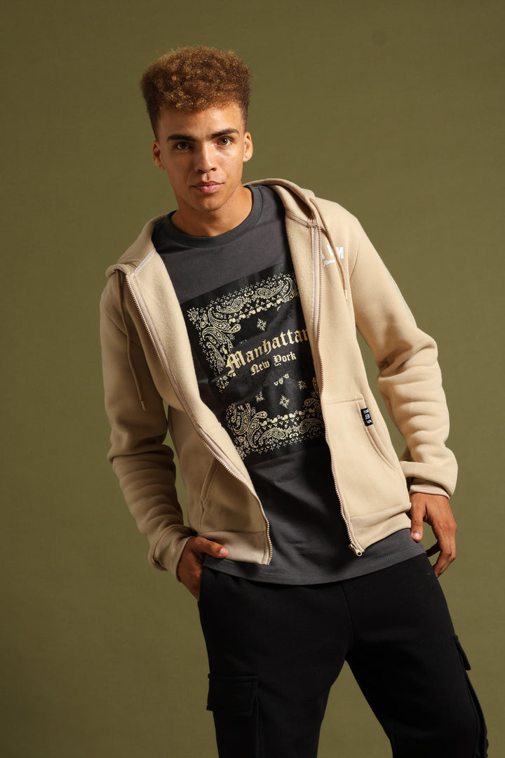 Fleece Printed Hoody - Stone