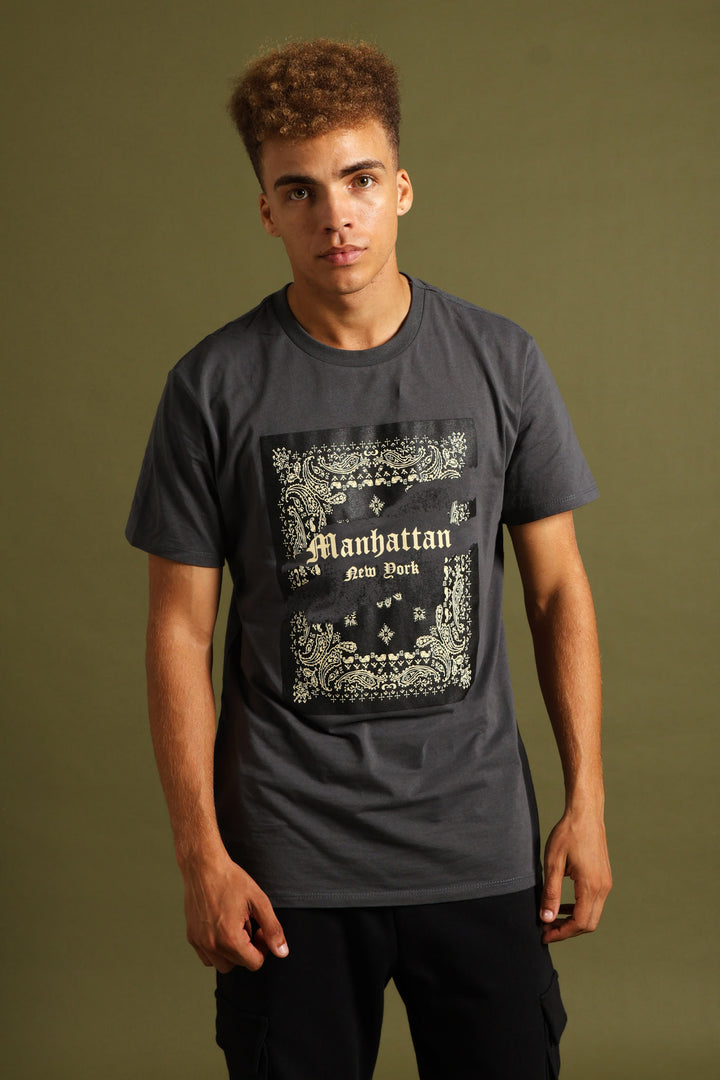 Short Sleeve Basic Print Tee - Charcoal