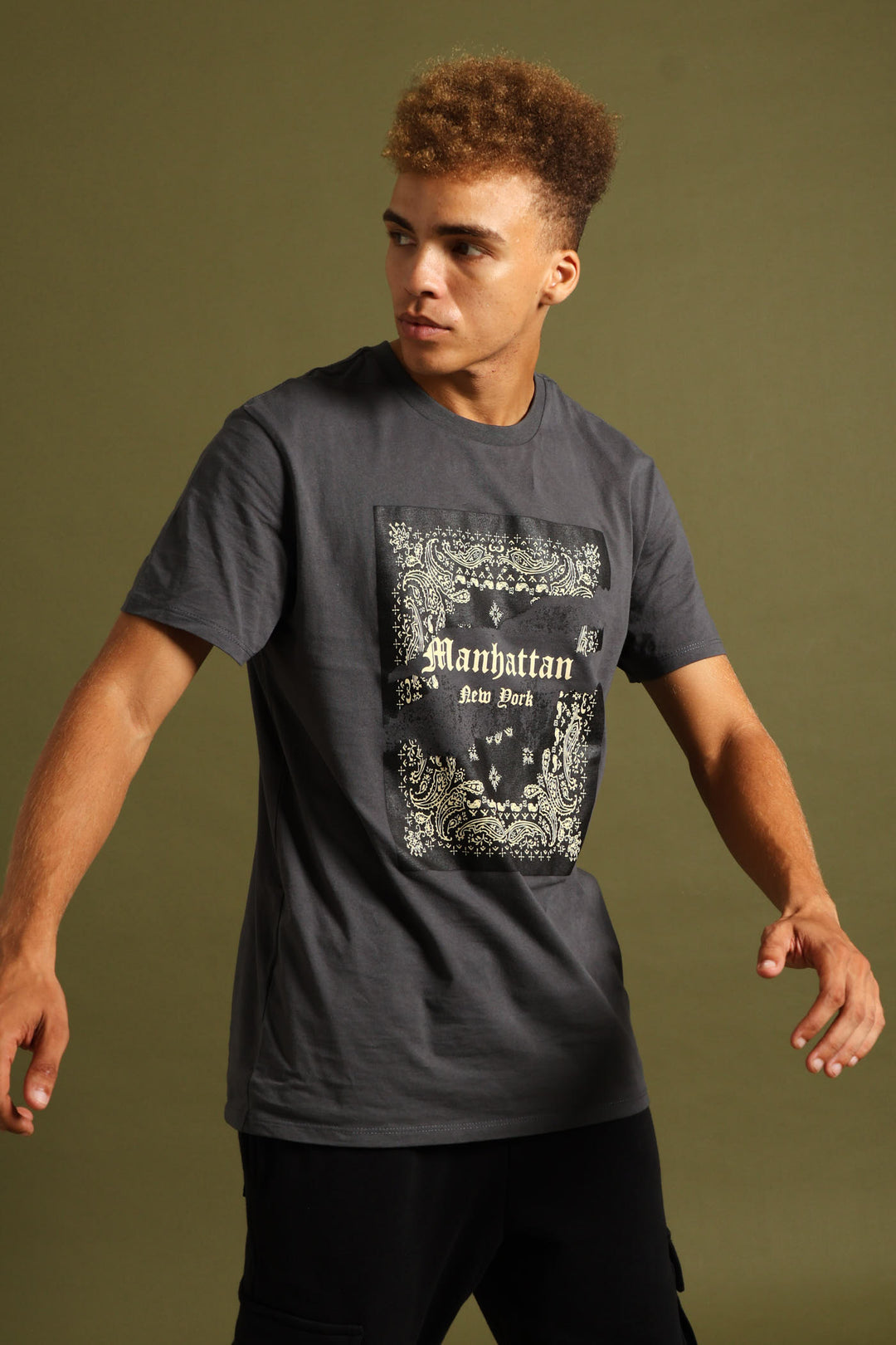 Short Sleeve Basic Print Tee - Charcoal