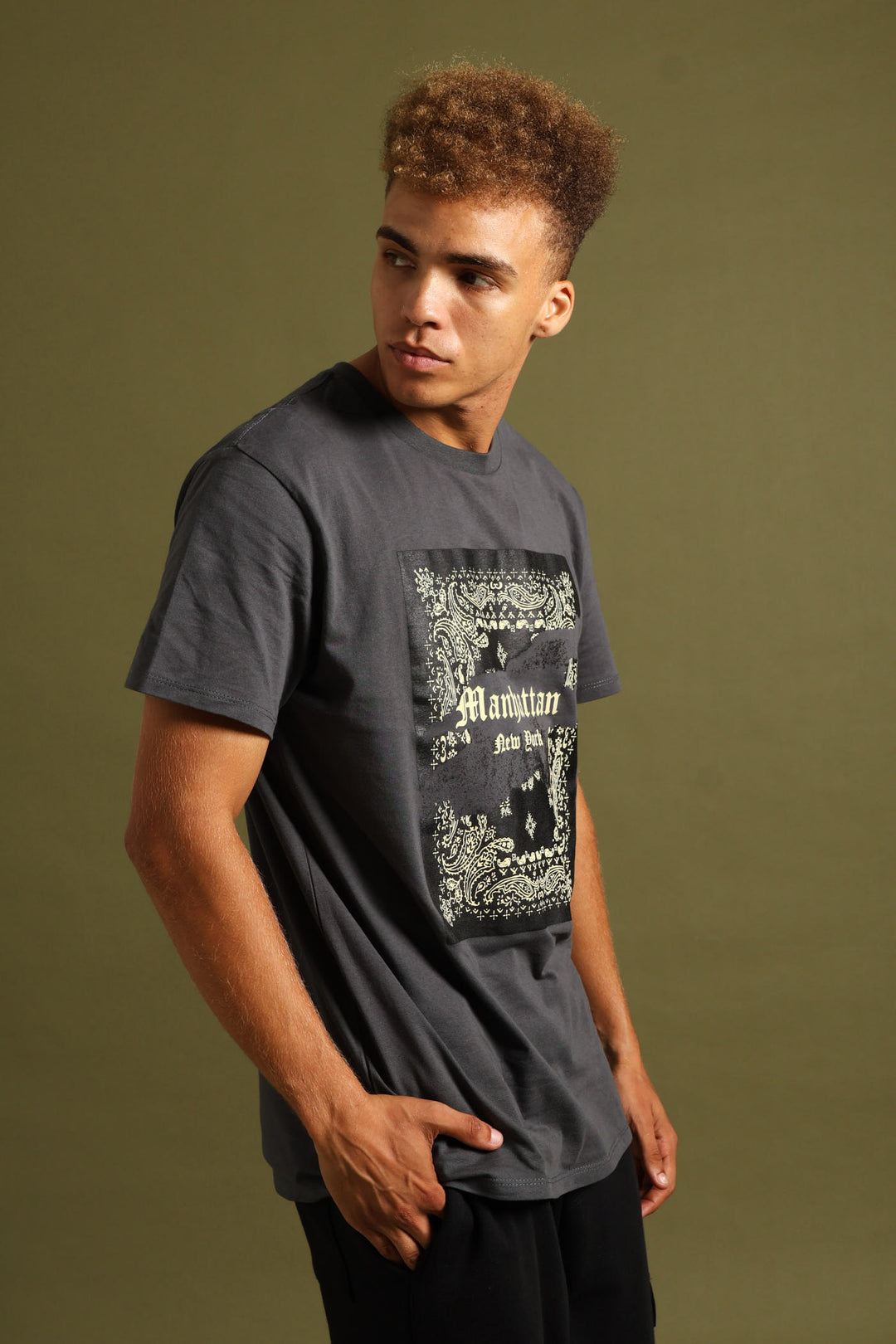 Short Sleeve Basic Print Tee - Charcoal