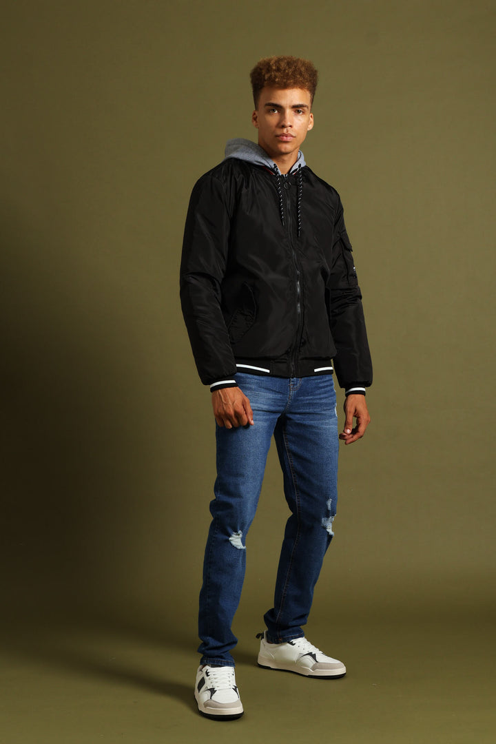 Knit Hood Bomber Jacket - Black